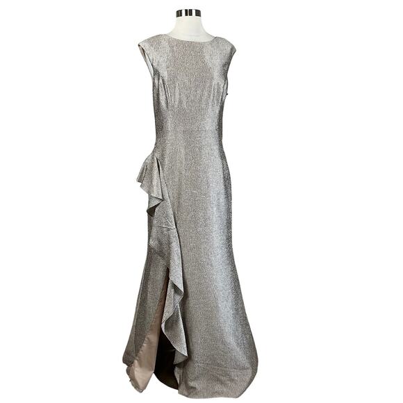 Adrianna Papell Dresses & Skirts - Adrianna Papell Women's Formal Dress Size 12 Gold Metallic Thigh Slit Long Gown